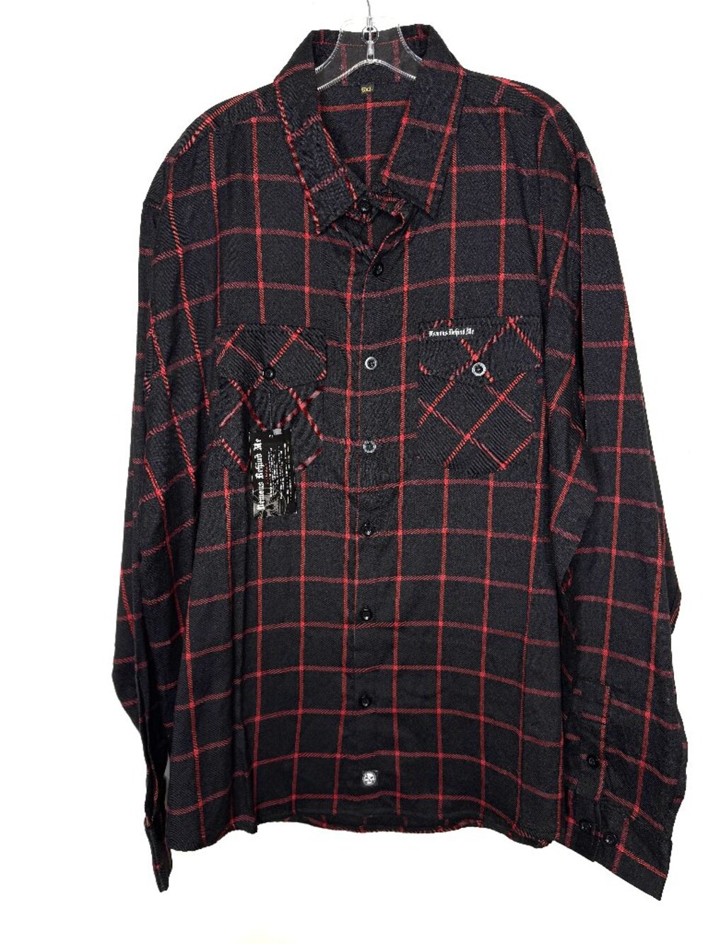 NWT Demons Behind Me Men’s 5XL Flannel Black & Red Plaid Skull Patch Button Down